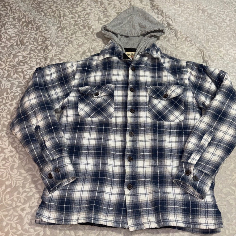 RedHead Mens Blue White Plaid Quilted Lined Flannel Hooded Shirt Jacket Size M